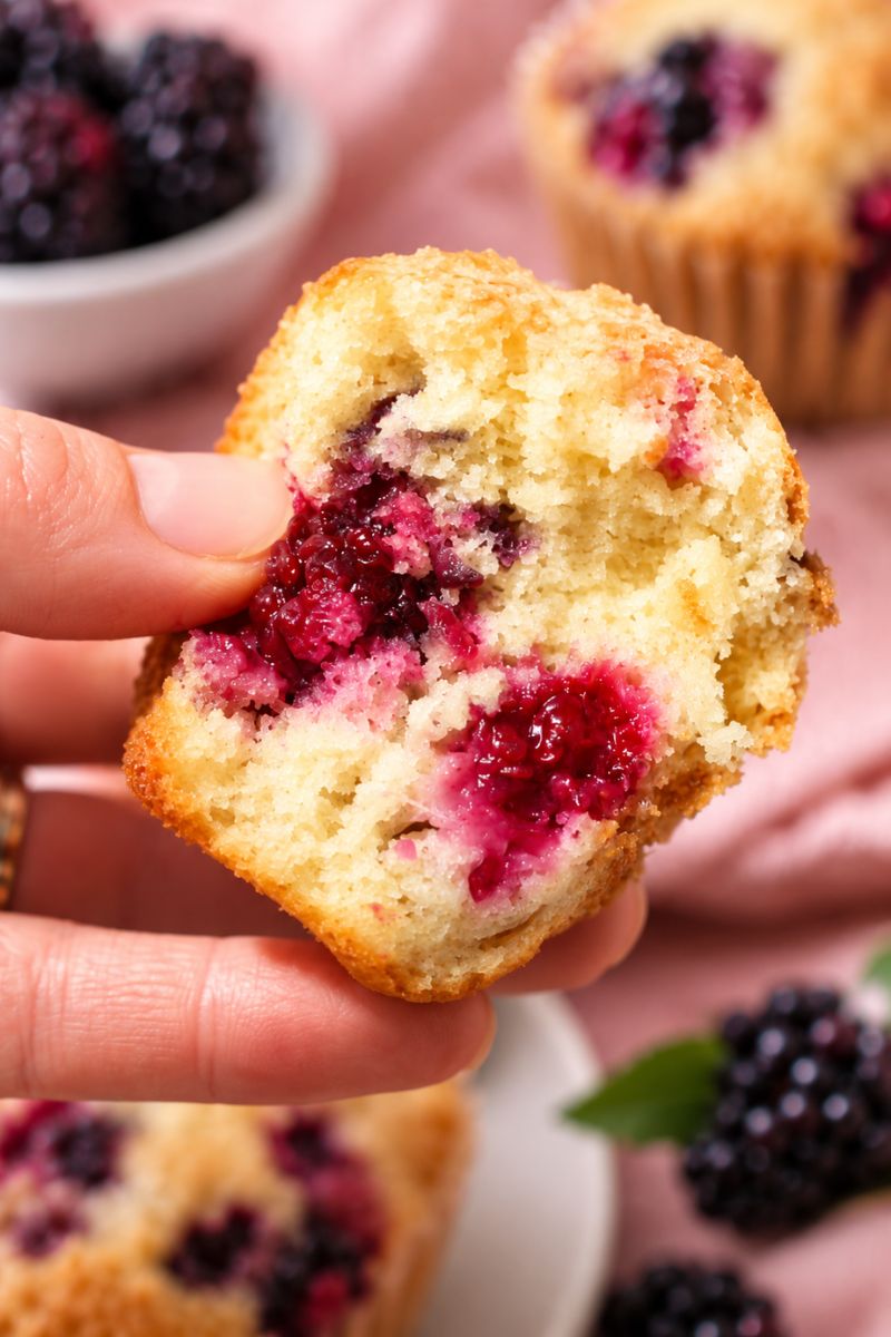Vegan blackberry muffin broken open to show a soft, fluffy center with juicy blackberries.