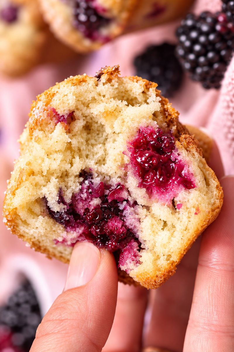 Vegan blackberry muffin broken open to show a soft, fluffy center with juicy blackberries