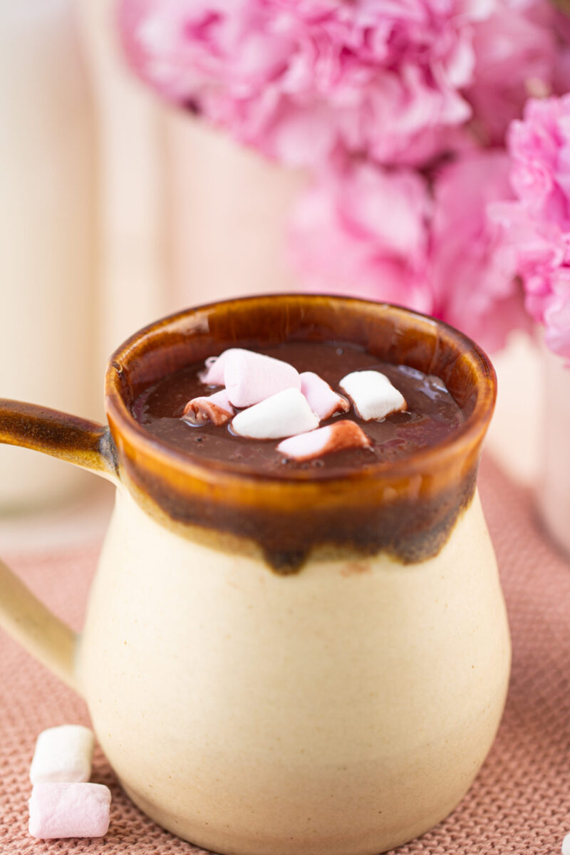 A mug of protein hot chocolate with mini marshmallows floating on the top.