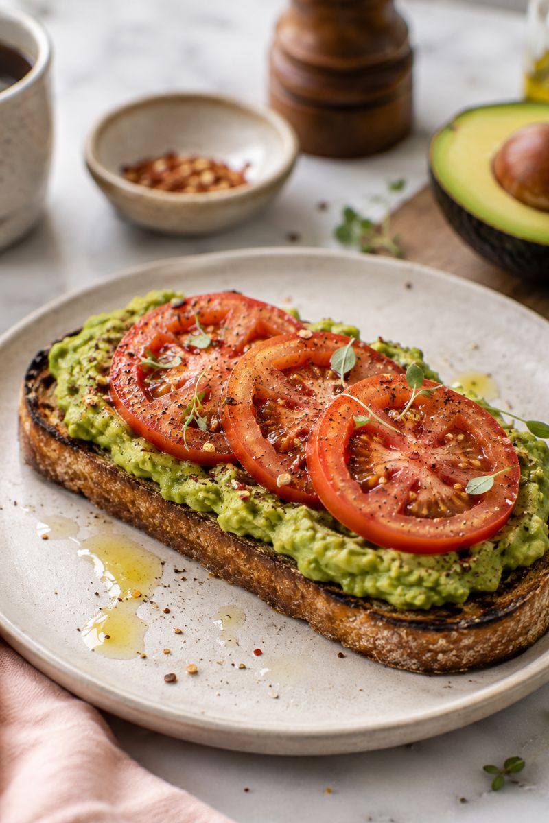 avocado on toast with sliced tomatoes. 