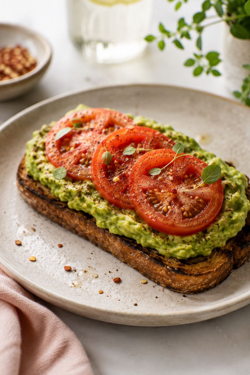 Avocado on toast with sliced tomatoes.