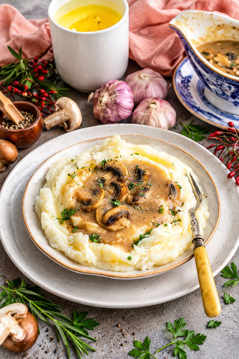 Creamy cottage cheese mashed potatoes with mushroom gravy. 