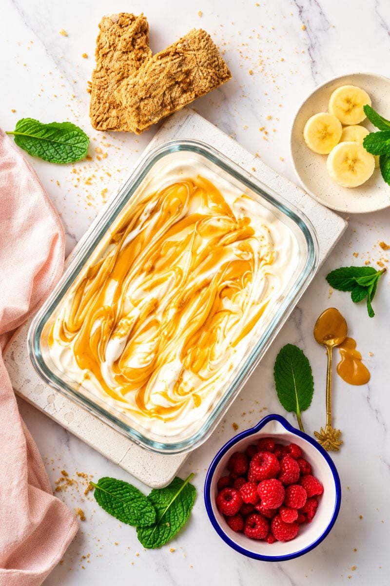 Crushed Weetabix biscuits in a glass dish on a white marble surface, ready for making high-protein overnight Weetabix cheesecake.