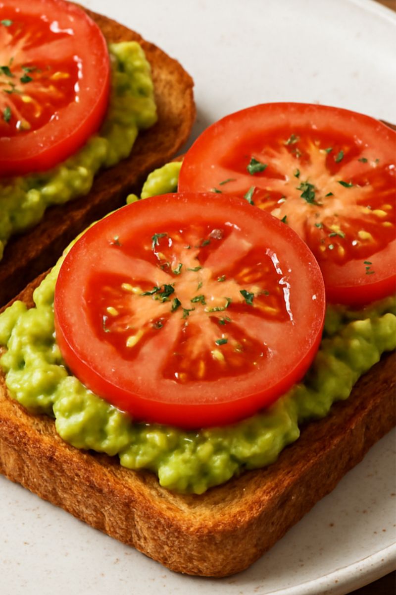 Tomato avocado toast on a white plate.