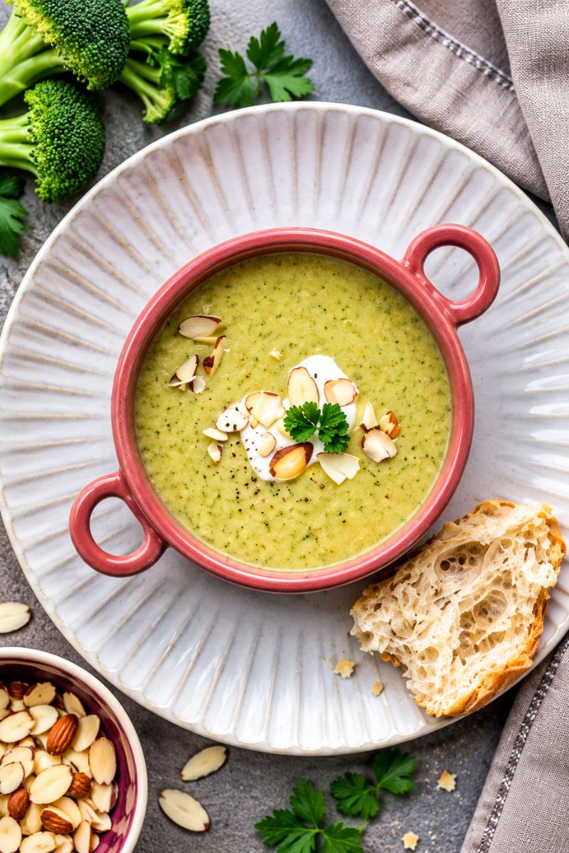 Creamy broccoli soup with almonds served in a pink bowl with crusty bread.