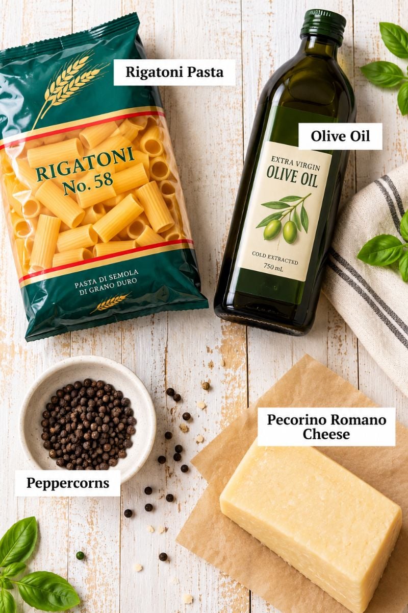 Rigatoni pasta, olive oil, whole black peppercorns, and Pecorino Romano cheese arranged on a wooden surface for an easy cacio e pepe pasta recipe.