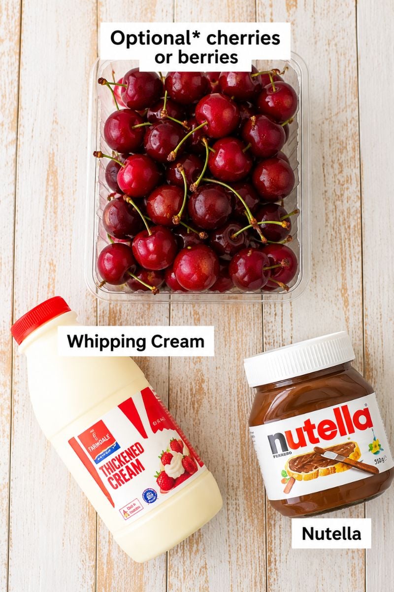 Nutella, whipping cream, and fresh cherries for making chocolate crepe rolls.