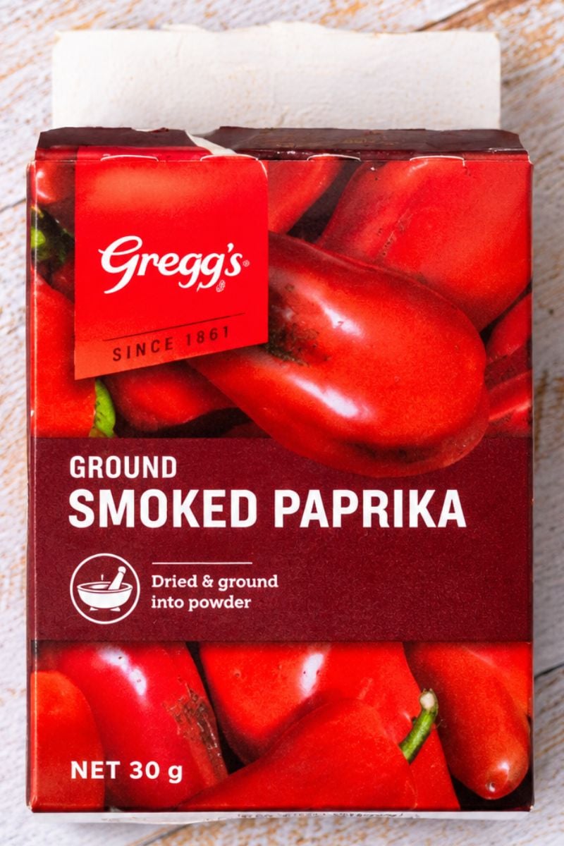 Packet of ground smoked paprika used to add a rich, smoky flavor to roasted red pepper feta dip.