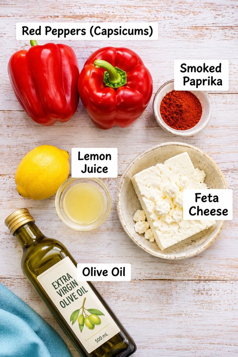 Ingredients for roasted red pepper feta dip, including fresh red peppers, feta cheese, smoked paprika, lemon, and olive oil.
