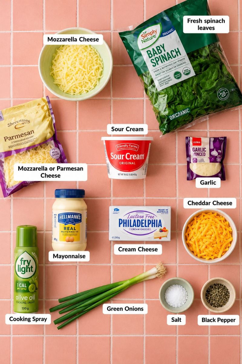 Ingredient list for gluten free spinach dip. 