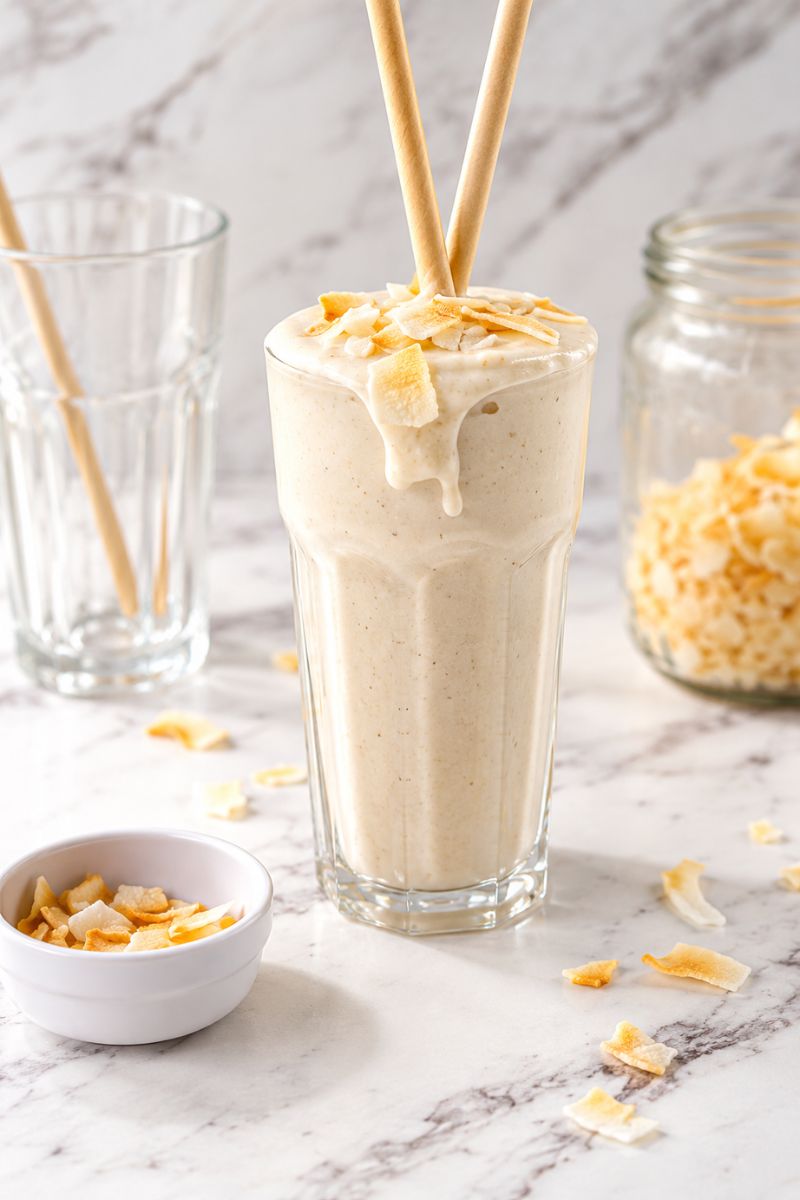 Creamy coconut shake with toasted coconut flakes in a tall glass.
