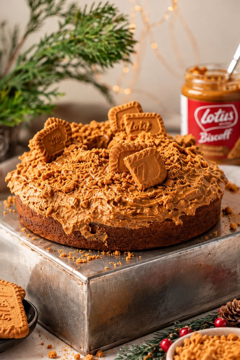 Moist Biscoff cake topped with Biscoff spread and Lotus cookies