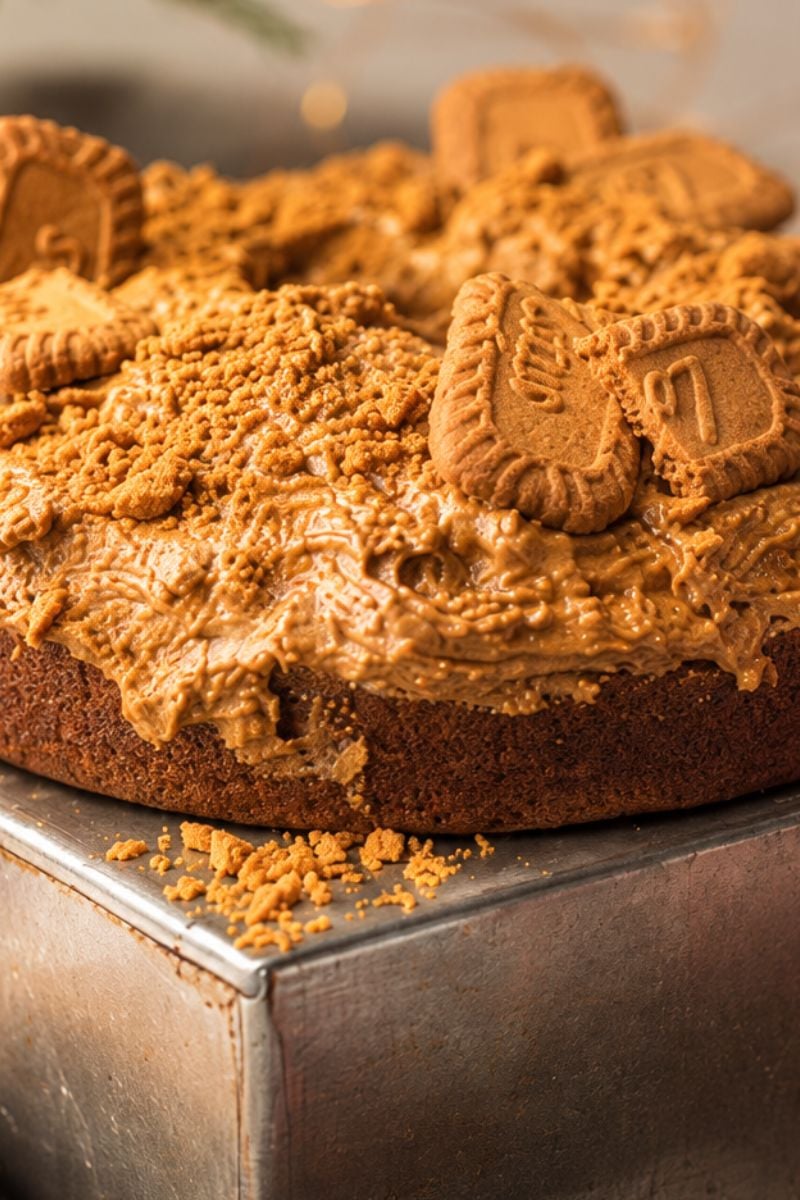 Whole finished Biscoff cake.