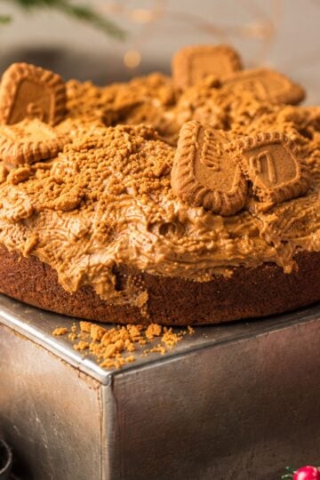 Moist Biscoff cake topped with Biscoff spread and Lotus cookies