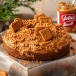 Moist Biscoff cake topped with Biscoff spread and Lotus cookies