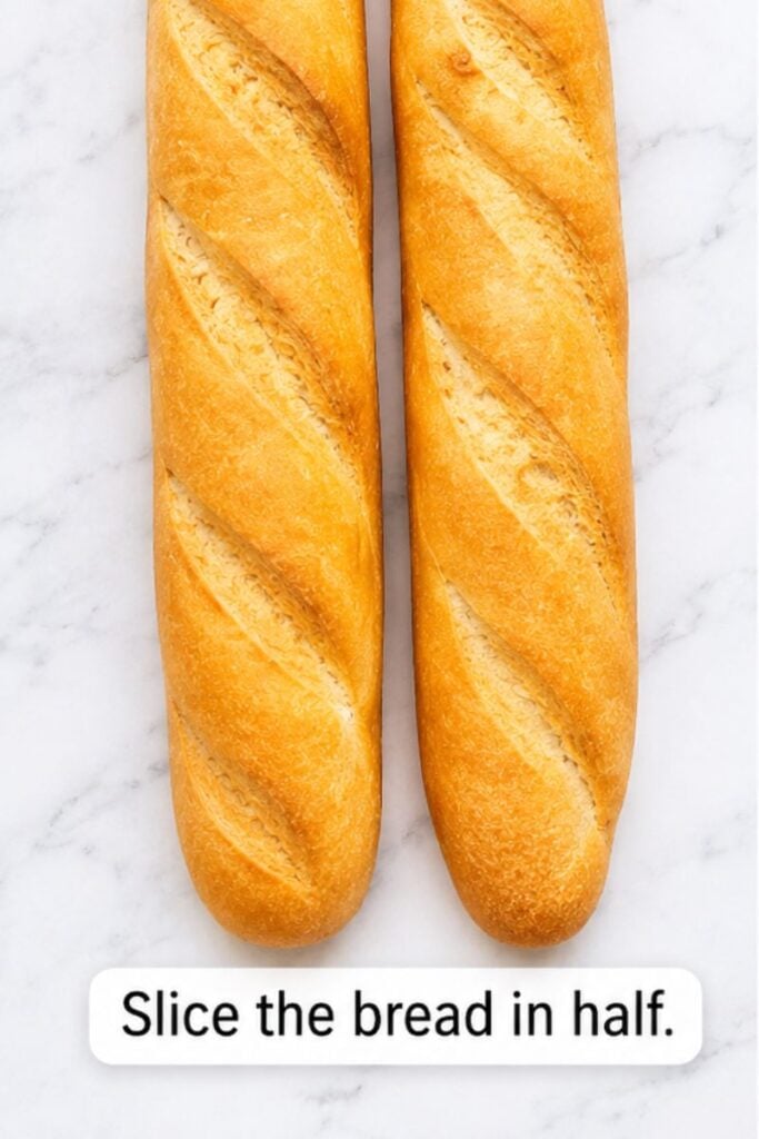 French baguette on a white marble surface, ready to make homemade stuffed garlic bread.