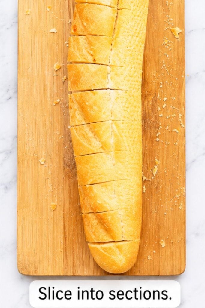 French baguette sliced into sections without cutting through the bottom, ready for garlic butter and cheese.