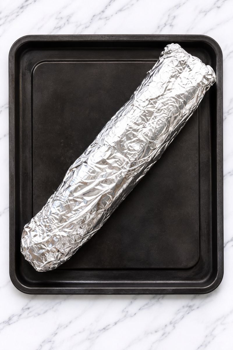 French baguette wrapped in aluminum foil on a baking tray, ready to bake in the oven.