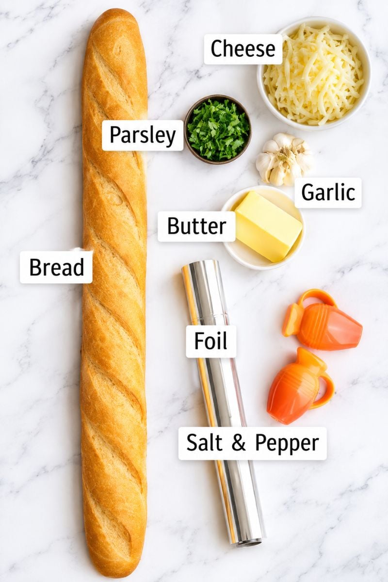 Ingredients for cheesy stuffed garlic bread, including a French baguette, mozzarella, butter, garlic, parsley, salt, and pepper.