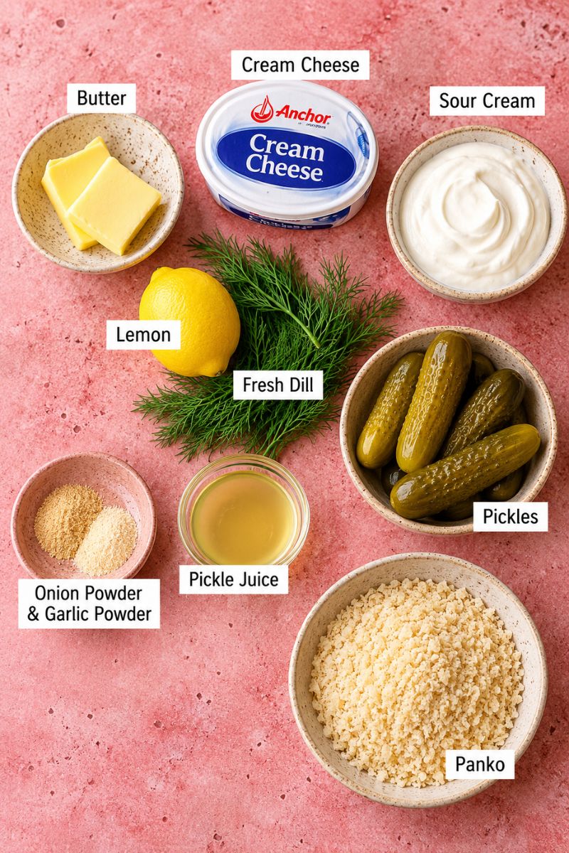 Ingredients for fried pickle dip including cream cheese, sour cream, dill pickles, fresh dill, panko breadcrumbs and butter.
