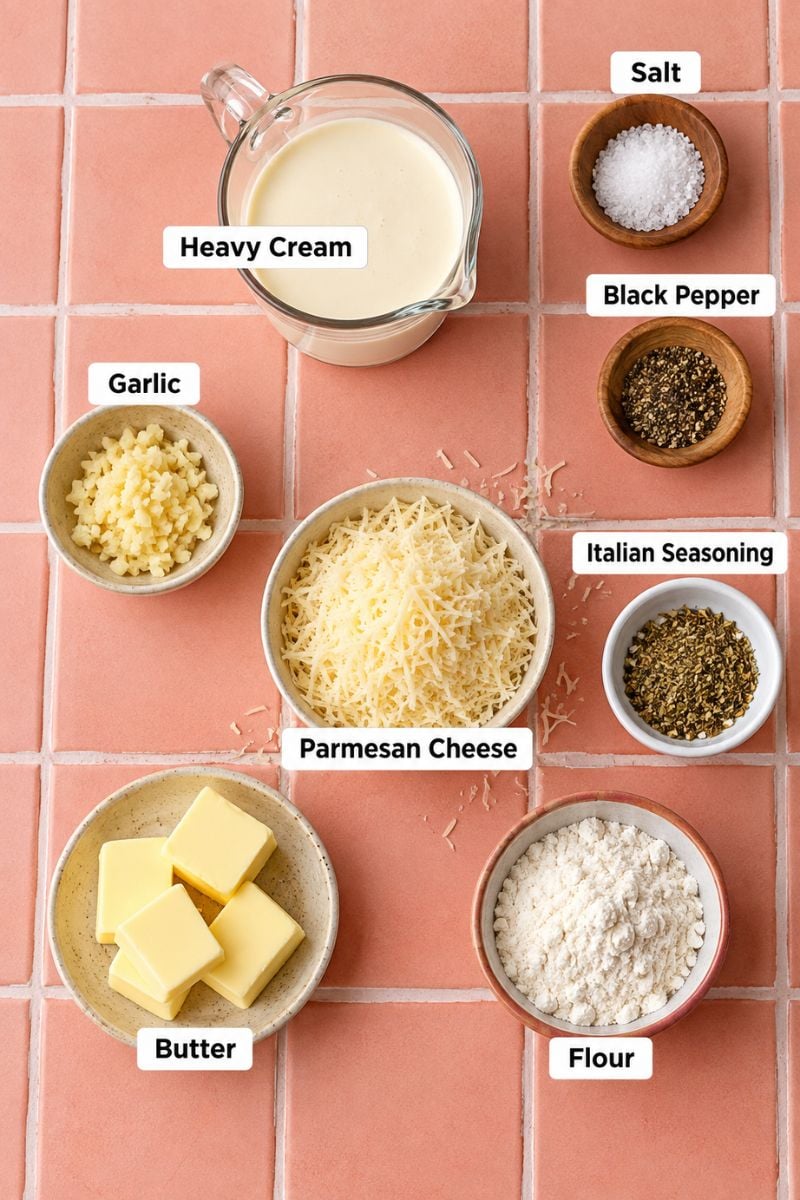 Ingredients for homemade garlic parmesan sauce including cream, Parmesan, garlic and butter.