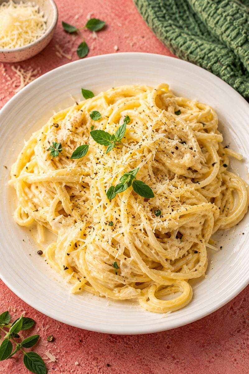 Creamy goat cheese pasta with Parmesan, black pepper and fresh herbs.