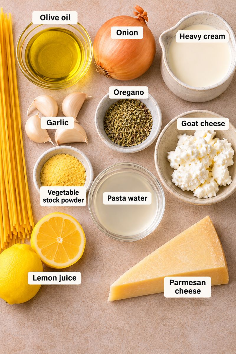 Ingredient list for goats cheese pasta.