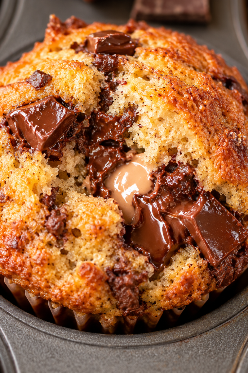 Banana chocolate chunk muffin with a golden top and melted chocolate in the center.