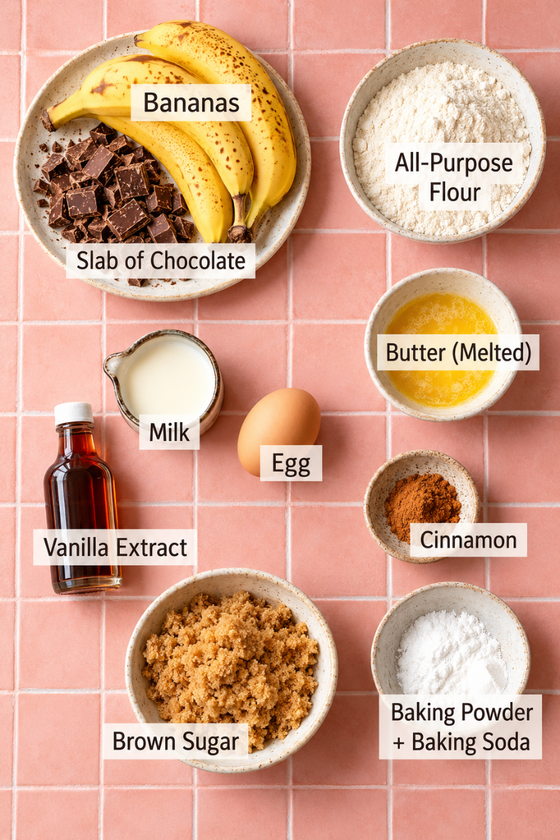 Ingredients for banana chocolate chunk muffins, including bananas, flour, chocolate, butter, egg and brown sugar.