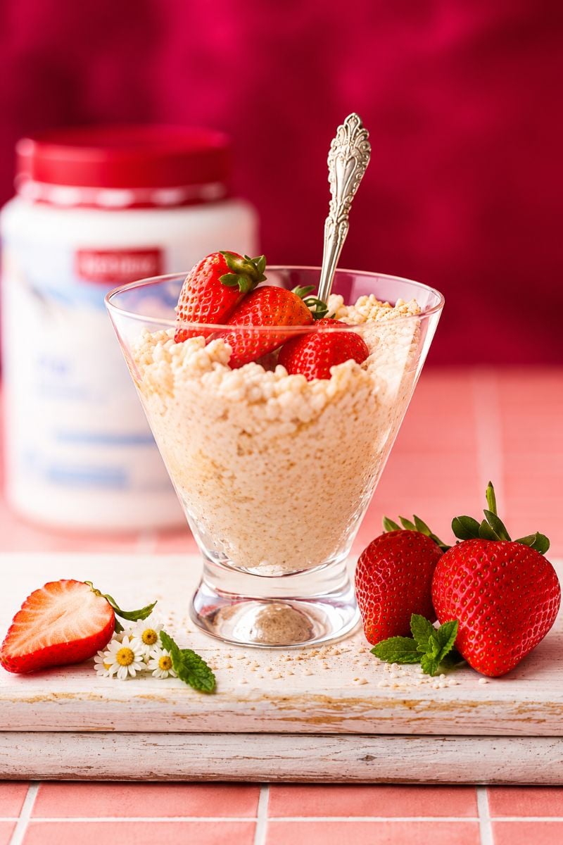 Creamy protein rice pudding topped with fresh strawberries and cream in a glass dessert bowl.