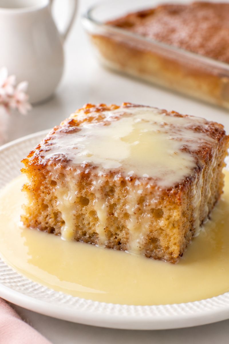 South African malva pudding with warm cream sauce.