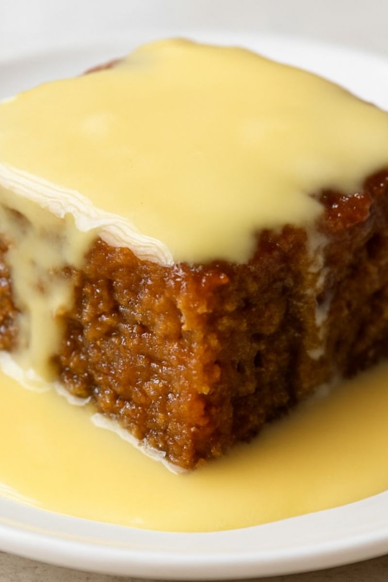 A close picture of malva pudding with custard.