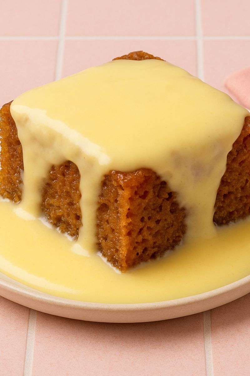 Malva pudding on a plate with custard.