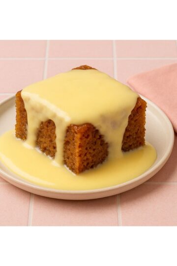 Malva pudding on a plate with custard.