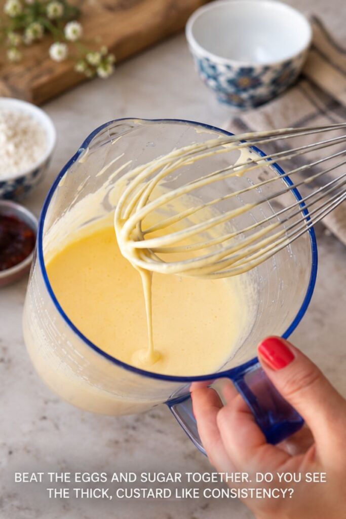 Beating eggs and sugar for malva pudding batter.