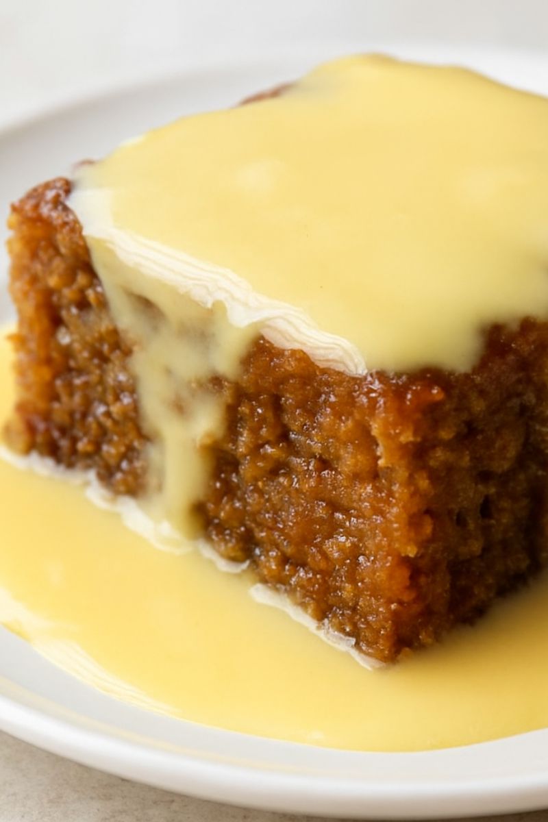 Malva pudding covered in custard.