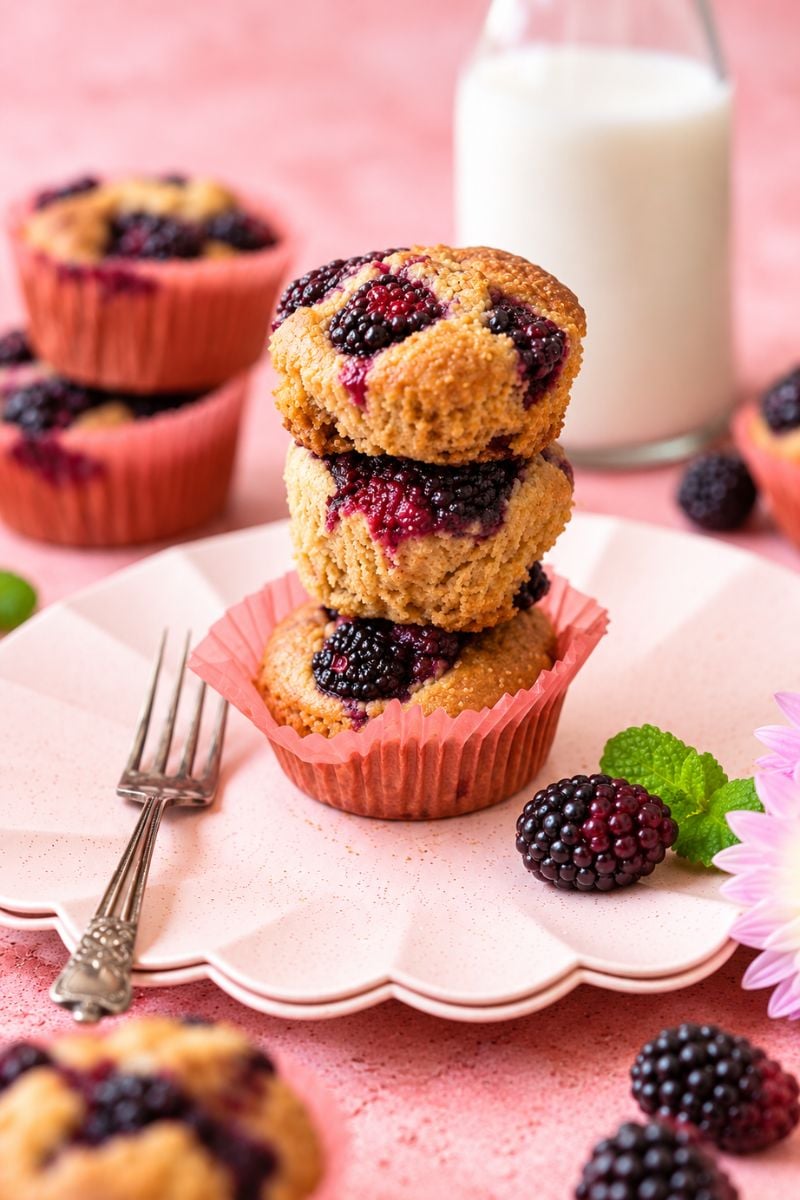 Stack of banana blackberry muffins with fresh blackberries.