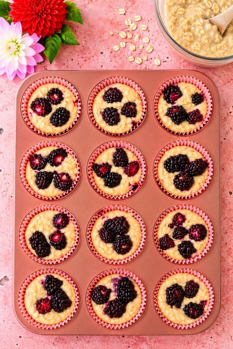 Muffin pan before baking: Blackberry banana oatmeal muffin batter topped with fresh blackberries before baking/