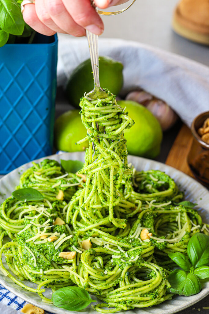 Pesto pasta with nutritional yeast.