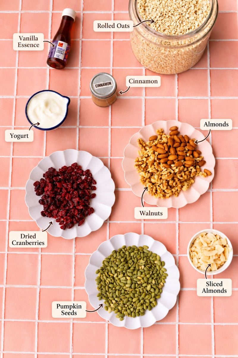 Ingredients for sugar free granola including rolled oats, nuts, pumpkin seeds, dried cranberries, coconut flakes and cinnamon.