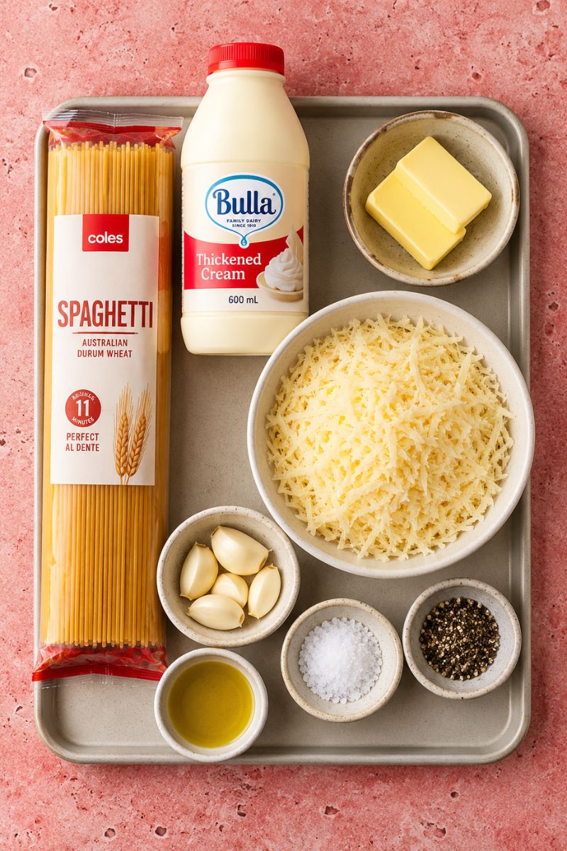 Ingredients for homemade Spaghetti Alfredo with cream, Parmesan, butter, garlic and spaghetti.