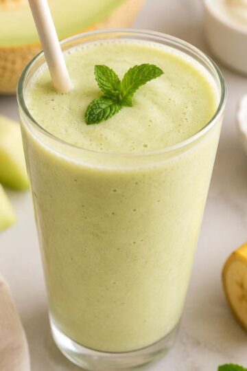A honeydew smoothie with the ingredients used placed around the smoothie.