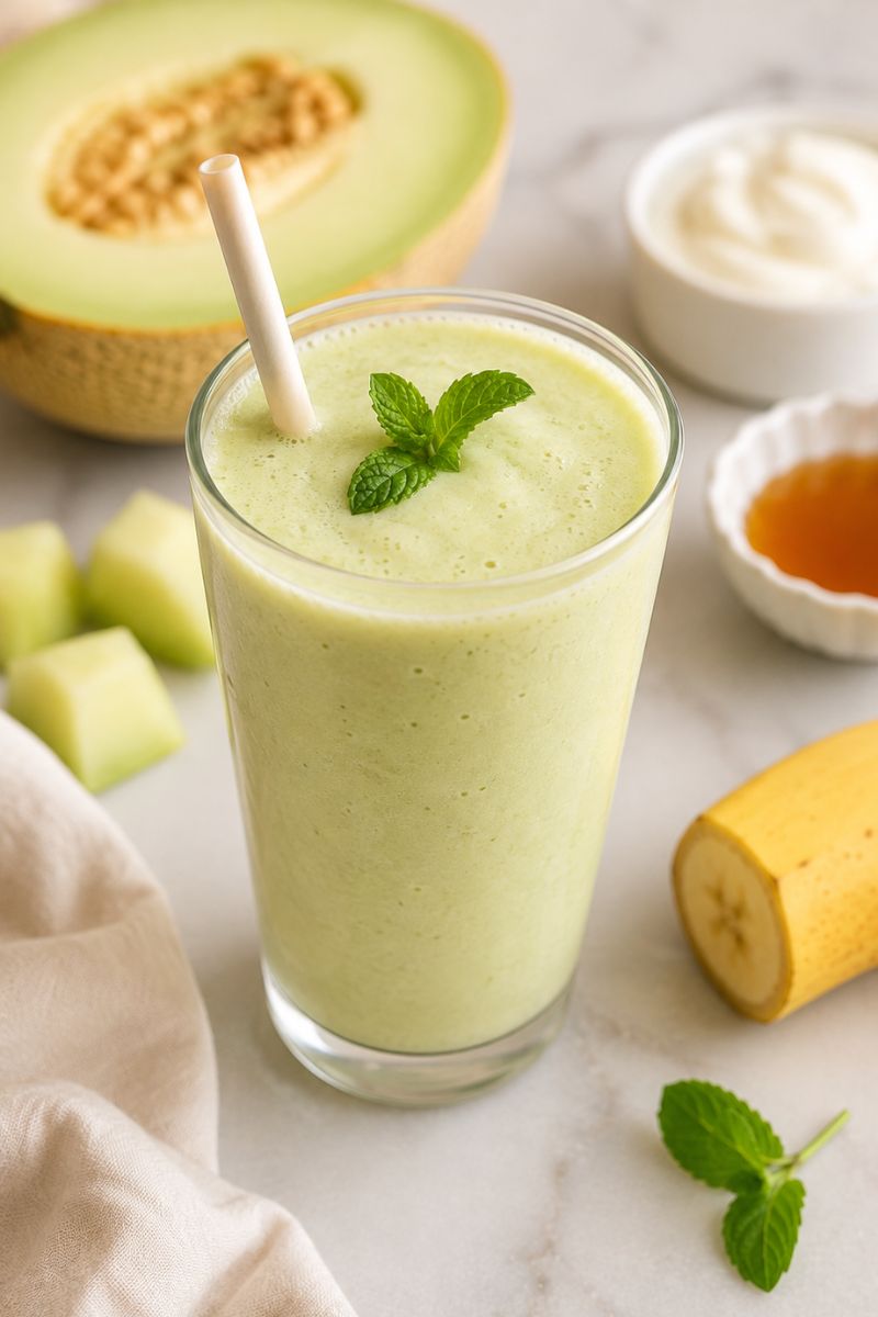A honeydew smoothie with the ingredients used placed around the smoothie. 