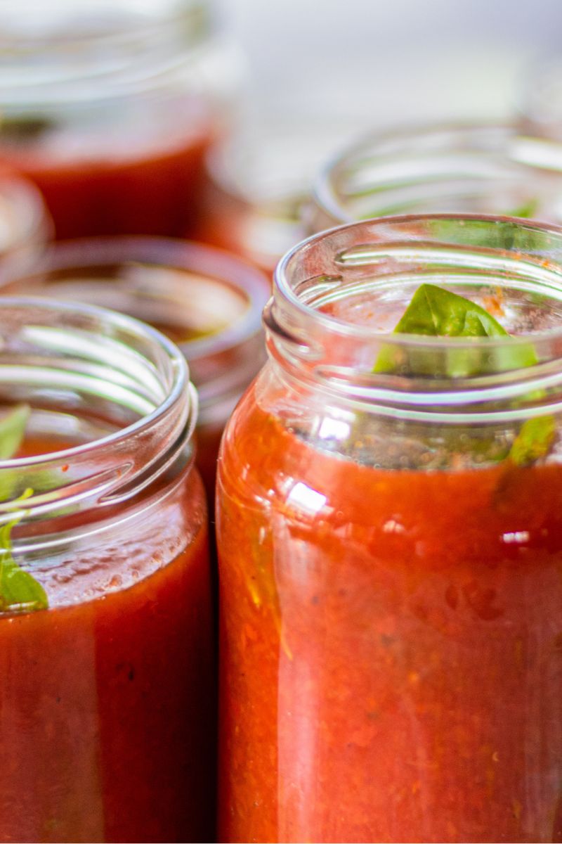 Tomato puree in glass jars. 