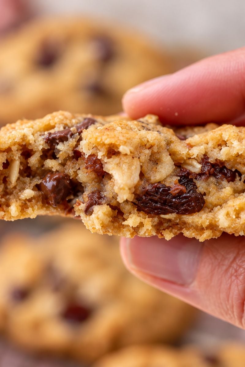 Soft and chewy oatmeal raisin chocolate chip cookie broken in half to show the chocolate chips and raisins inside.