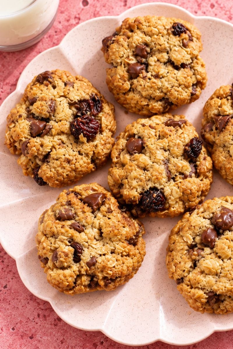 Homemade oatmeal raisin chocolate chip cookies with golden edges and a soft, chewy texture.