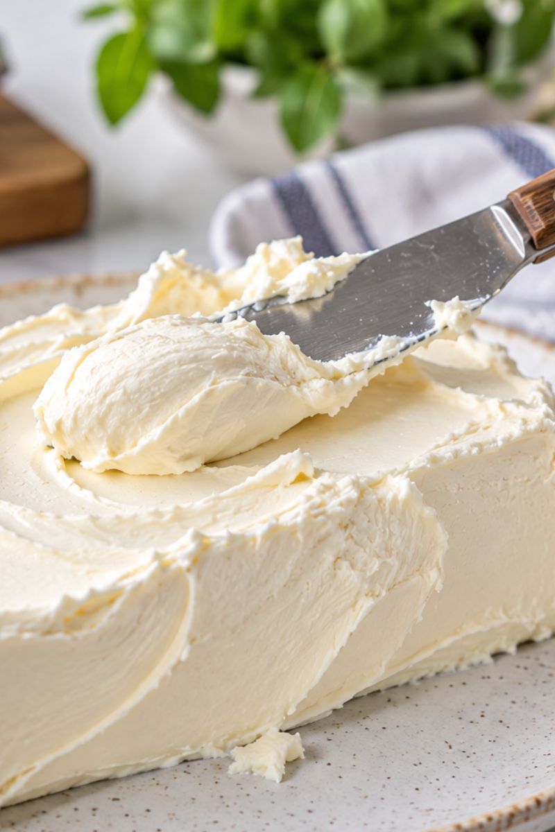 Softened cream cheese being spread with a knife