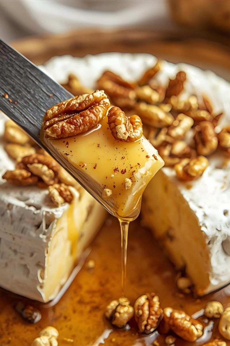Baked brie with jam and hot honey sliced with a knife.