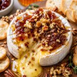 Baked brie with honey, jam, chili and nuts.