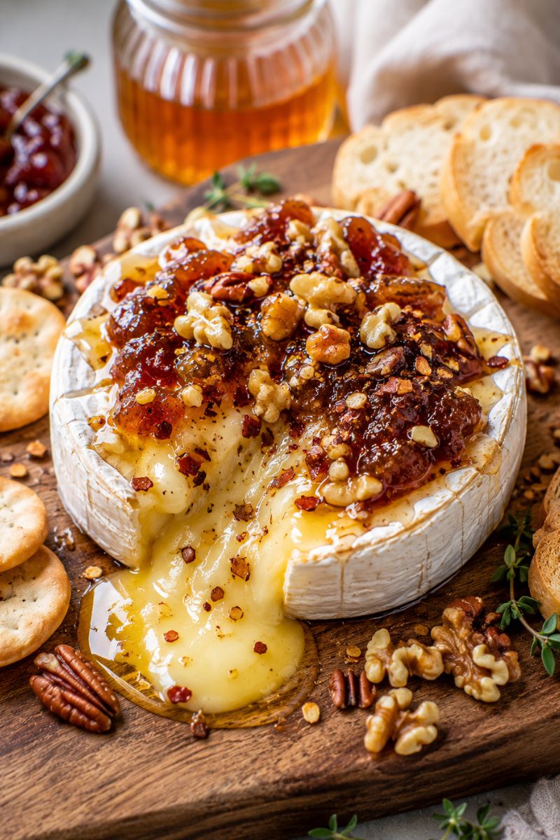 Baked brie with honey, jam, chili and nuts. 